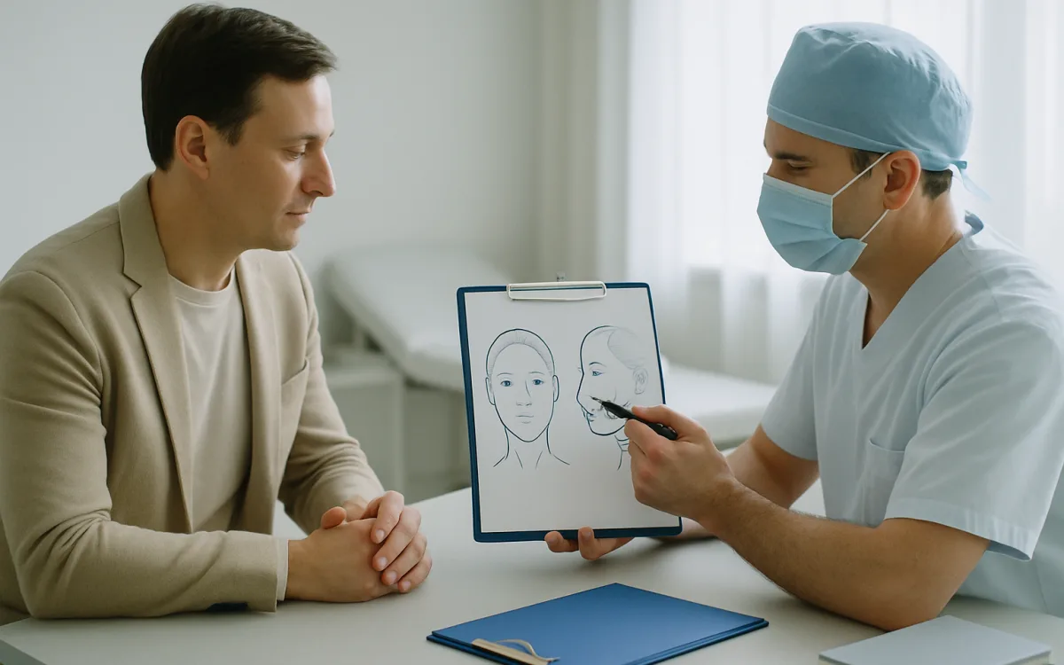 A middle-aged person consulting with a plastic surgeon in a bright, modern clinic, reviewing facial diagrams together.
