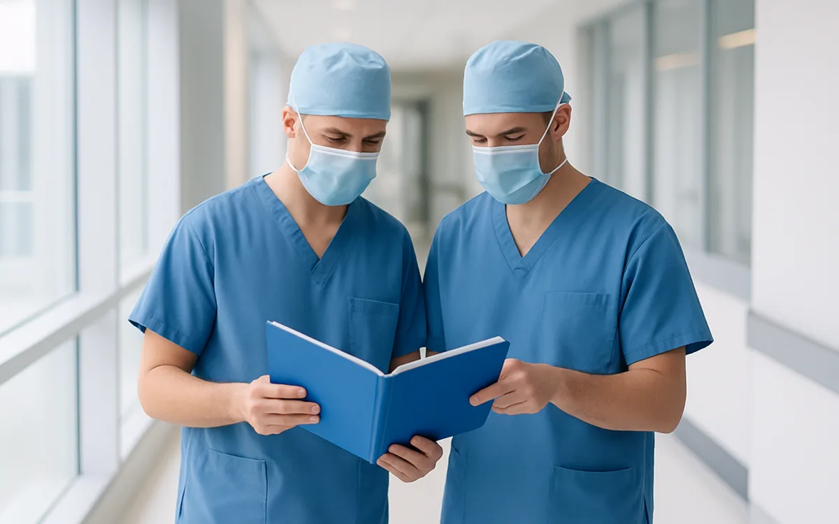A plastic surgeon in surgical scrubs reviews patient charts with a colleague in a modern, well-lit Turkish hospital.