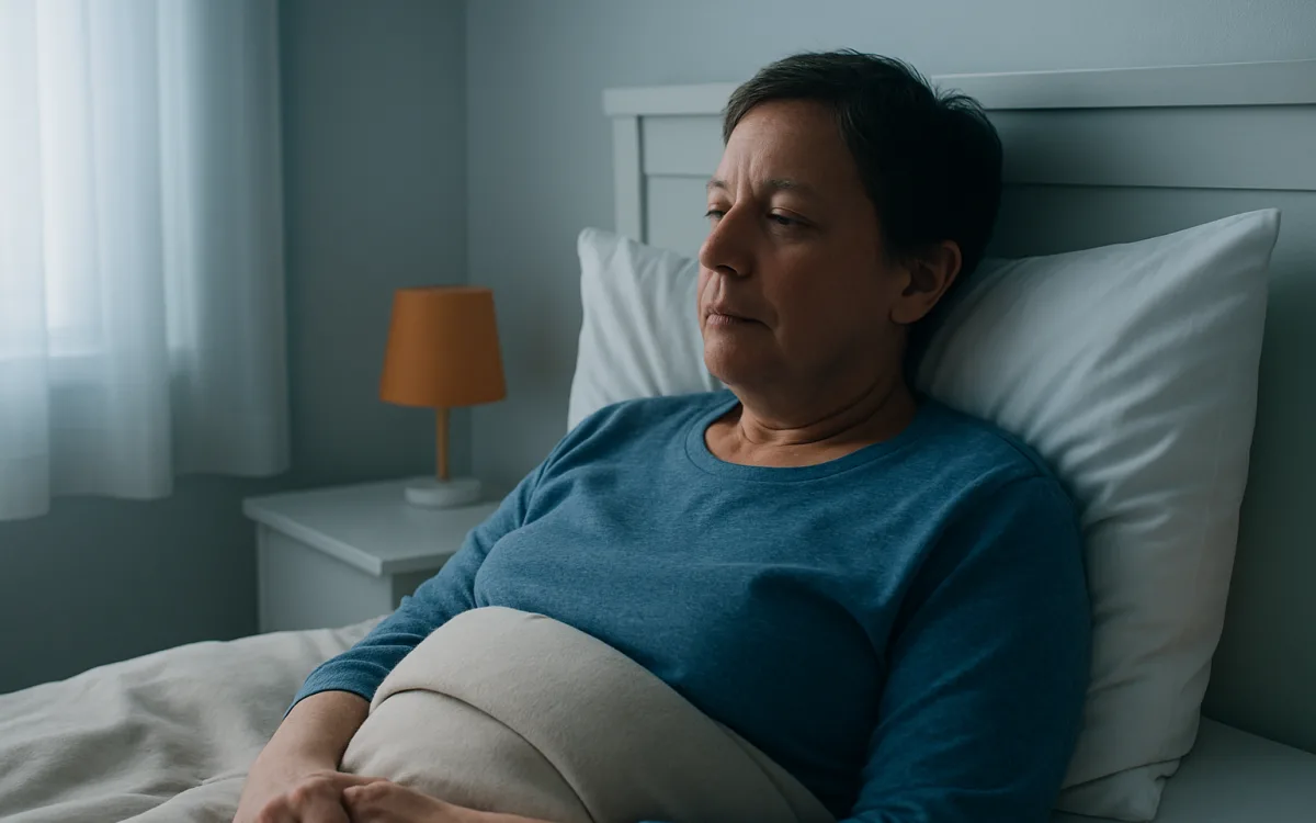 A patient resting at home after facelift surgery, head elevated with pillows, in a softly lit room.