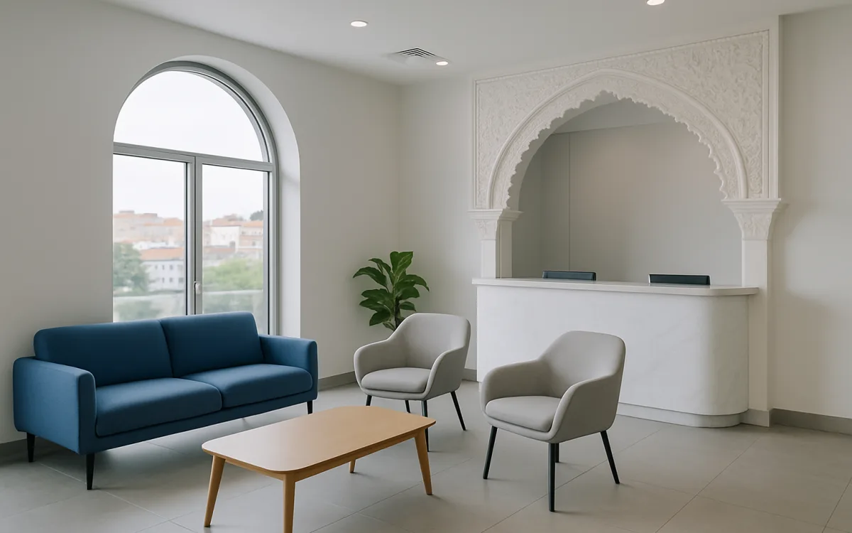 A calm, modern Turkish clinic reception area with comfortable seating and natural light, suggesting a professional environment for international patients.