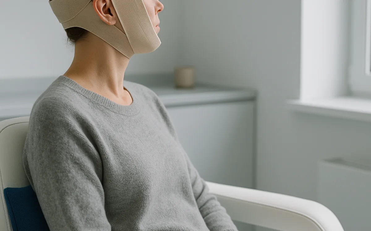A patient with subtle post-surgical swelling and dressings resting in a comfortable, light-filled clinic room, representing the early days of facelift recovery.