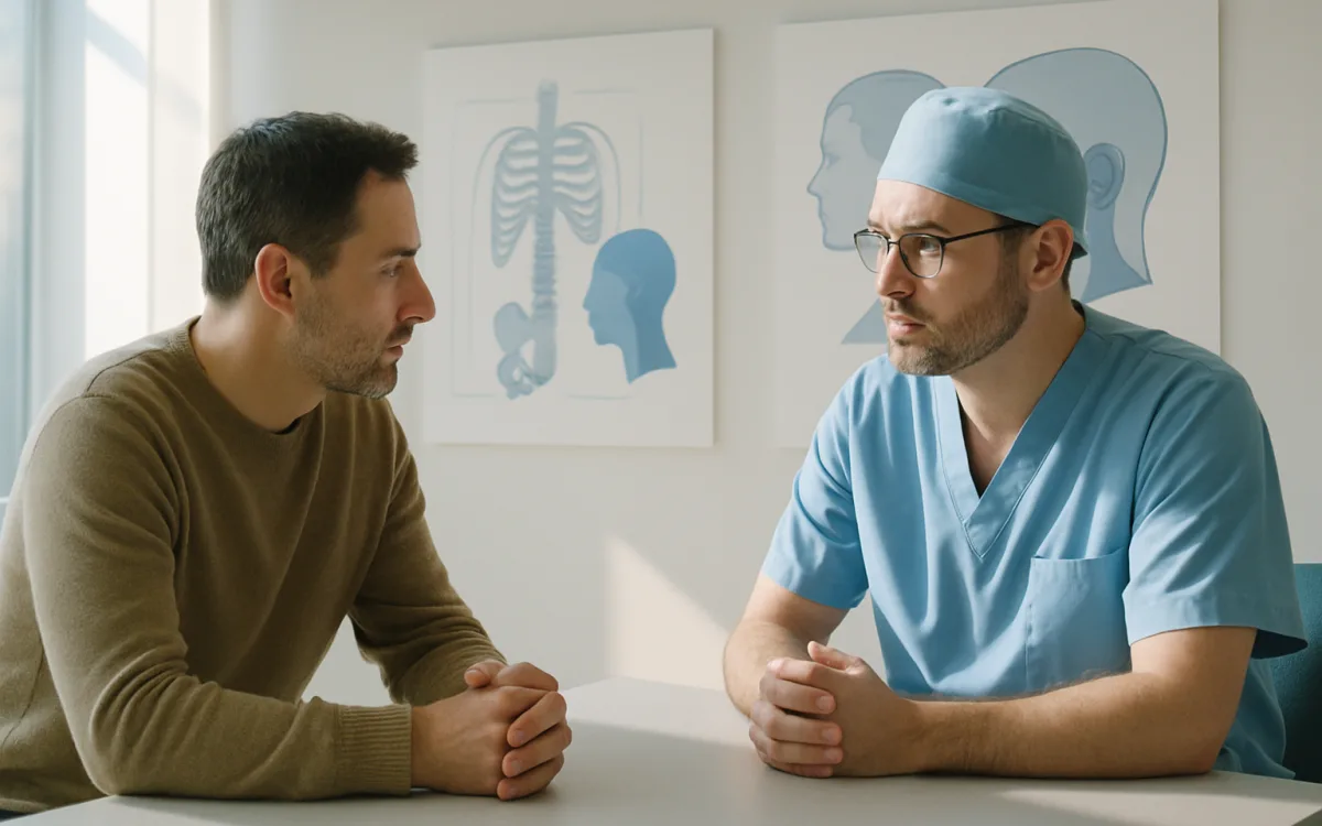 A consultation between a patient and a surgeon in a well-lit clinic, with a focus on communication and informed decision-making.