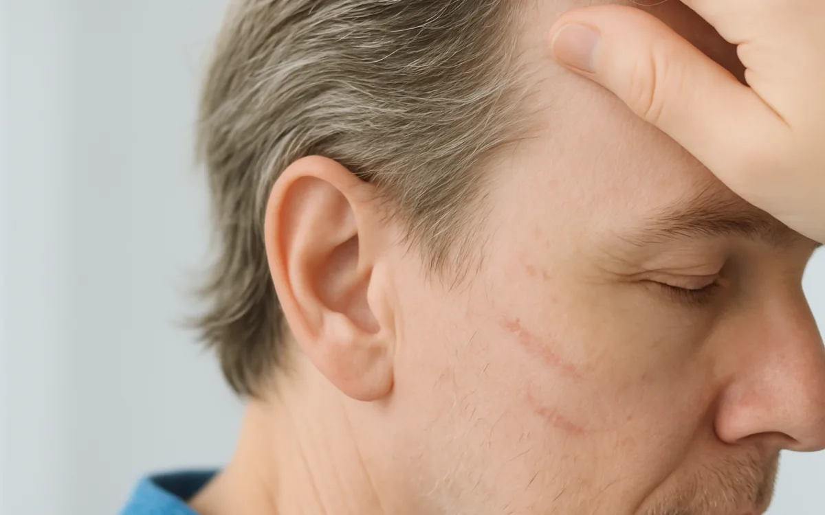 A close-up photograph of an adult's ear and temple area with hair gently pulled back to show faint, well-healed facelift scars in natural light.