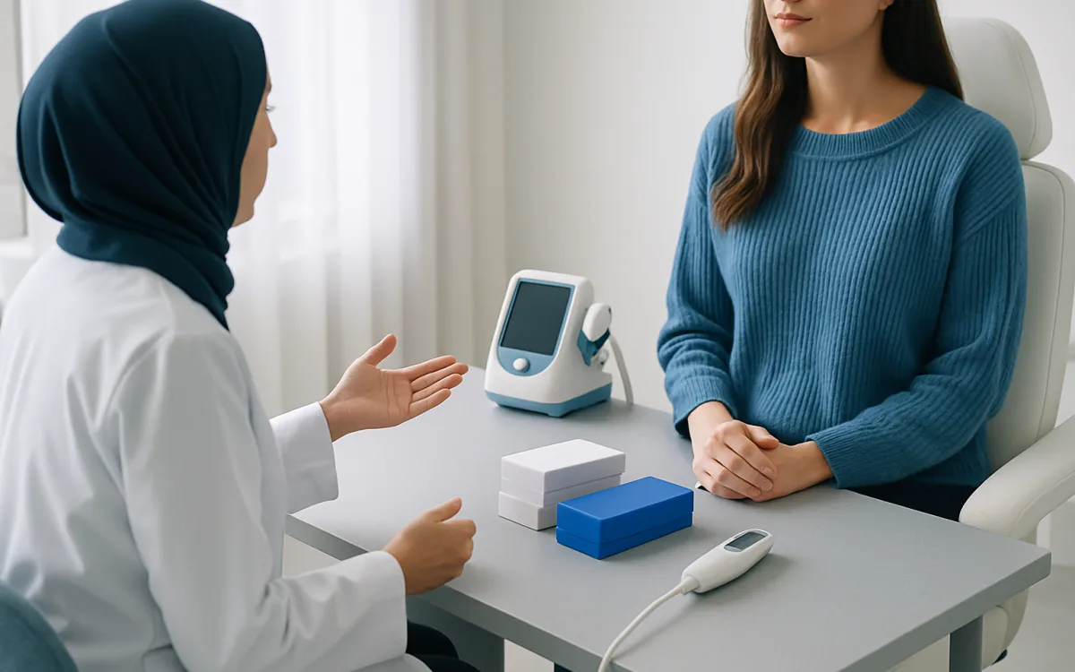 A clinician gently consulting a patient in a modern Turkish clinic setting, with medical devices and filler packaging visible on a table nearby.