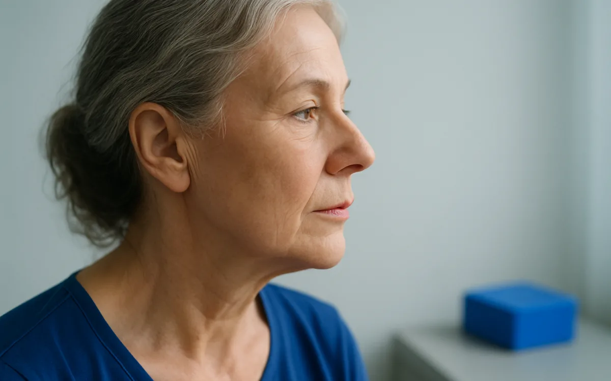 A close-up photograph of an older adult's face in profile under soft daylight, clearly showing natural skin texture, jawline, and cheek contour, without any medical markings or edits.