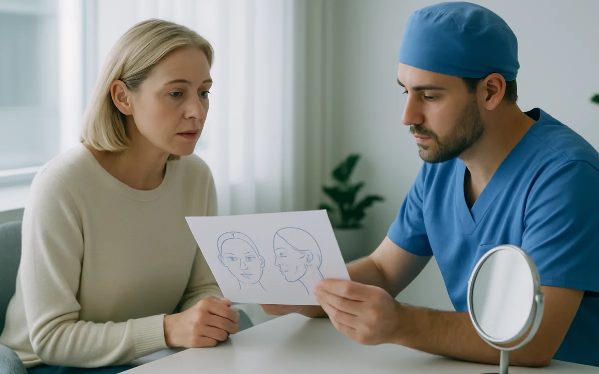 A middle-aged woman consulting with a Turkish plastic surgeon in a clinical office, discussing facial rejuvenation options.