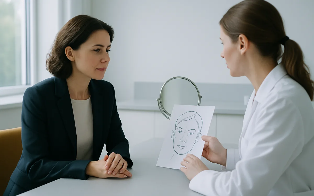 A professional photograph showing a middle-aged woman in a clinic consultation, with a doctor explaining non-surgical facial treatment options using a mirror and diagrams.