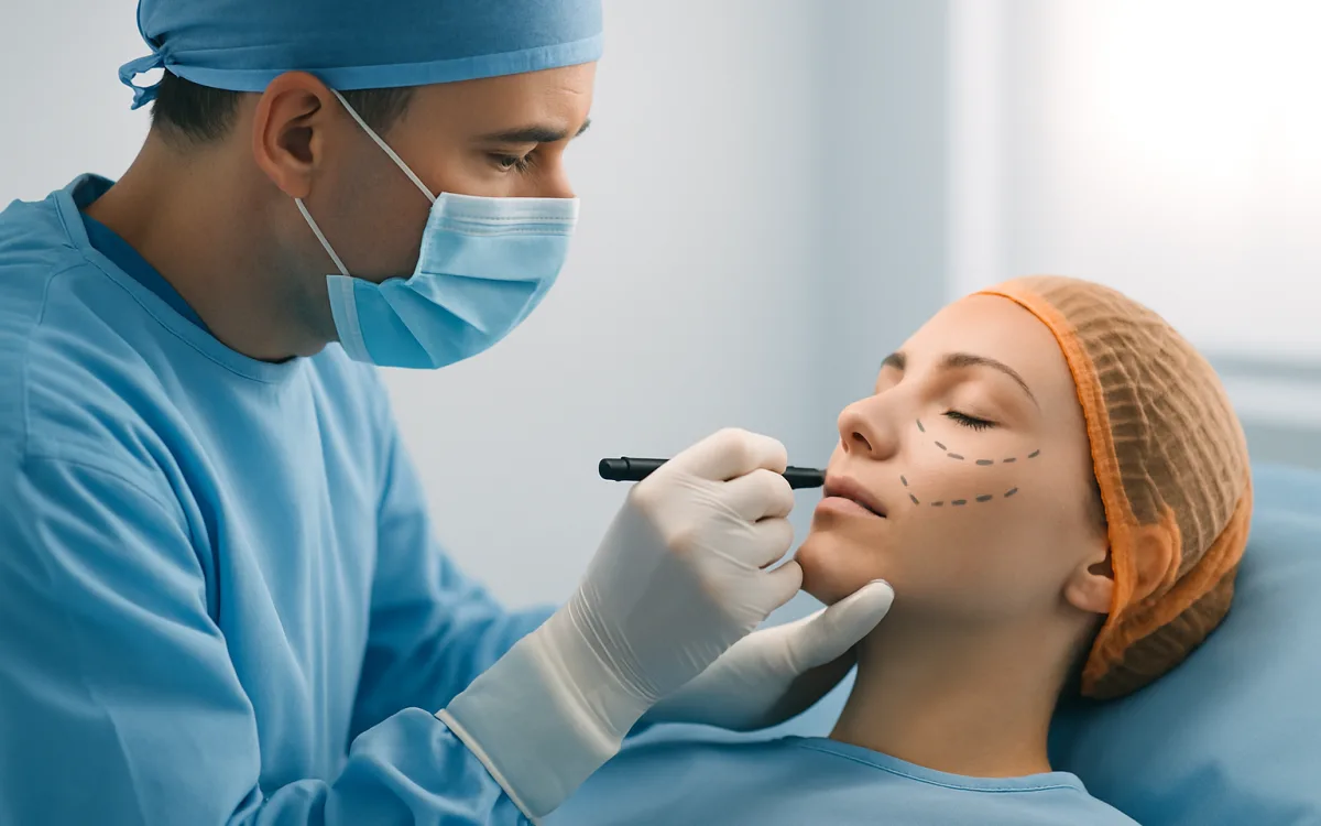 A surgeon in an operating theatre carefully marking a patient's face before facelift surgery, with focus on the cheek and jawline.