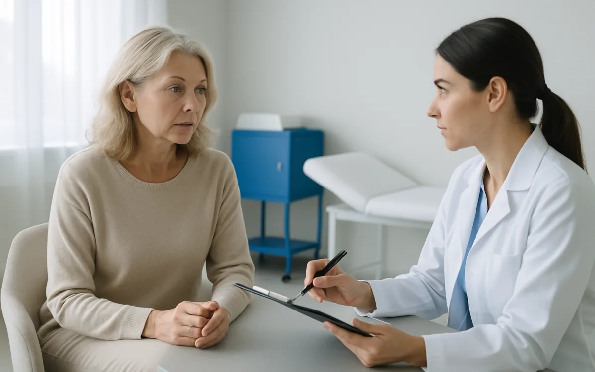 A close-up photograph of a middle-aged woman in a Turkish clinic, consulting with a doctor about non-surgical facial rejuvenation options.