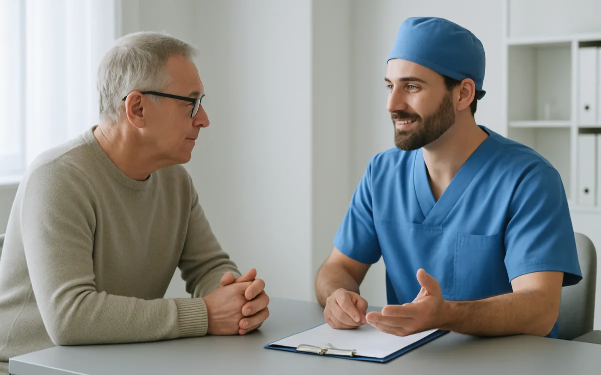 A candid photo of a mature adult consulting with a Turkish plastic surgeon in a clinic, focusing on discussion rather than any medical procedure.