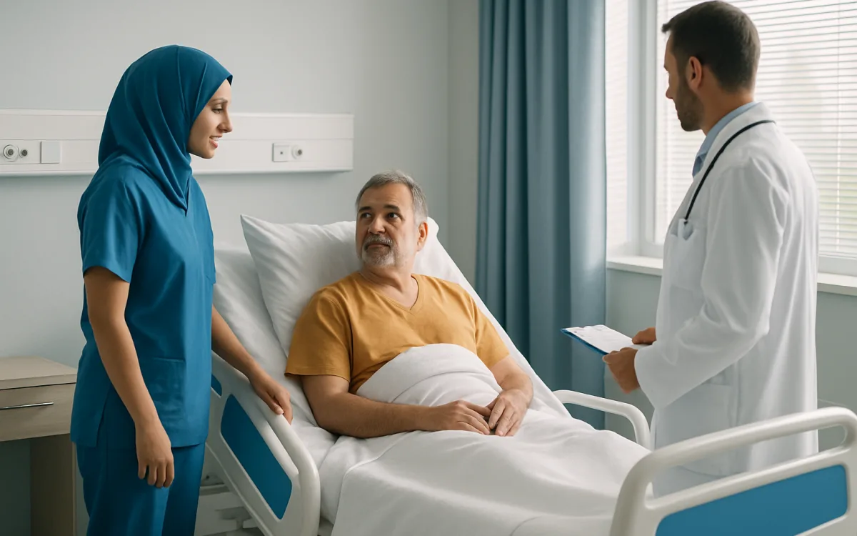 A patient in a Turkish hospital room being attended by medical staff, showing a calm and clinical environment.